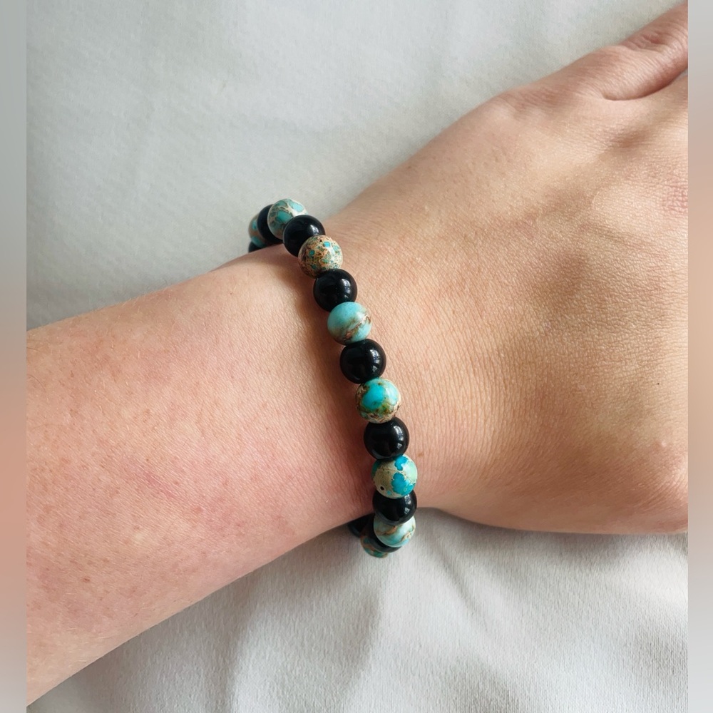 Handmade Lake Blue Imperial Jasper & Polished Black Glass Bracelet